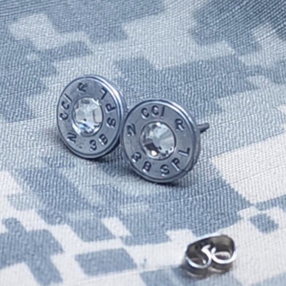 38 Special Caliber Silver Bullet Casings Clear Crystal Surgical Stud Earrings - Picture 4 of 4